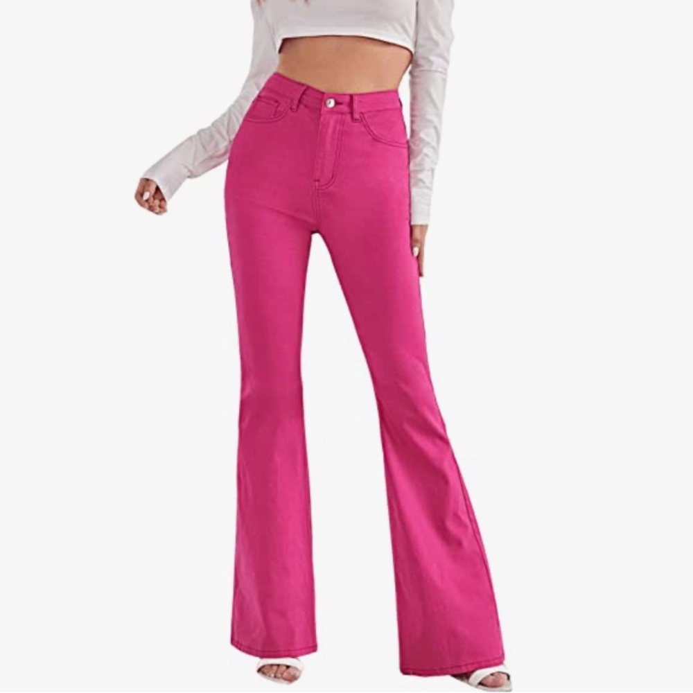 SweatyRocks Women's Casual Denim High Waist Stretchy Flared Jeans in Hot Pink